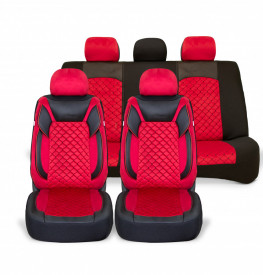 Set huse scaune auto universale, piele ecologica neagra cu material textil rosu, fata-spate