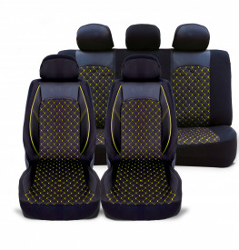 Set huse scaune auto universale, piele ecologica neagra cu material textil negru si cusaturi galbene, fata-spate - Img 1