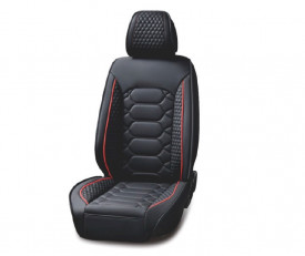 Set huse scaune auto universale, piele ecologica negru cu cusatura rosie, fata-spate - Img 2