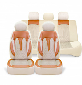 Set huse scaune auto universale seria SIDNEY, material textil crem si piele ecologica maro, fata-spate, compatibil airbag - Img 1