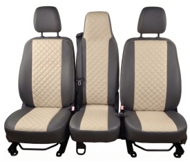 Set huse scaune autoutilitara 2+1 pentru fata culoare negru cu crem, piele ecologica compatibil cu Renault Trafic 2014-2019 VAN - Img 2