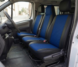 Set huse scaune autoutilitara 2+1 pentru fata culoare negru cu albastru, piele ecologica compatibil cu Opel Vivaro 2014-2019 VAN