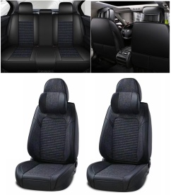 Set Huse Scaune Cu Perne Tetiera Auto, Universale, Lux, Piele Ecologica si Textil, Culoare Negru/Negru