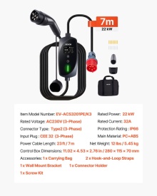 Statie incarcare mobila, Wallbox mobil, 22kW 32A, incarcator portabil EV tip 2, incarcator auto monofazat pentru vehicule electrice cu cablu de incarcare de 6 m, priza CEE, ecran LCD, statie de incarcare EV reglabila, cutie de control IP66 - Img 6