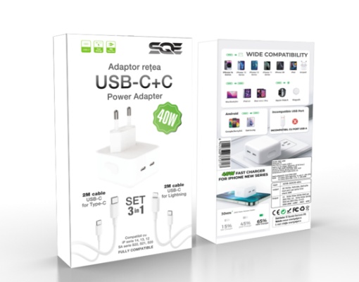 Incarcator 40W dual USB-C PD cu 2 cabluri