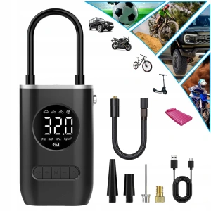 Compresor de aer portabil, cu acumulator, afisaj digital și manometru pentru Biciclete sau Motociclete, incarcare USB, culoare Neagra - Img 4