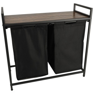 Cos mare de rufe cu doua compartimente, cu raft si blat din lemn, model LOFT, culoare neagra - Img 2