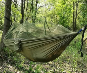 Hamac turistic din nylon cu plasa de tantari, culoare verde, dimensiuni 260 cm x 140 cm - Img 5