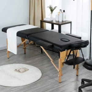 Masa de masaj pliabila, 2 zone, cadru lemn, spuma 5cm, inaltime 55-76cm, piele ecologica, dimensiuni 60x213cm, culoare Neagra