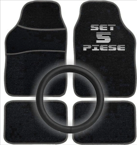 Set Auto Essential AVEX – 5 piese, Covorase Universale Mocheta + Husa Volan Piele Ecologica Perforata, Negru