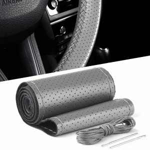 Husa volan din PIELE GRI + ATA GRI, diametru 37 - 39 cm (se coase, aspect ORIGINAL)