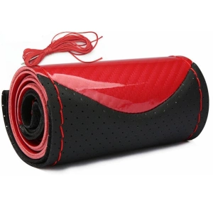 Husa volan din Piele Neagra Perforata + Carbon Red si ata rosie pentru cusut, marime M, diametru 37 - 39 cm - Img 3