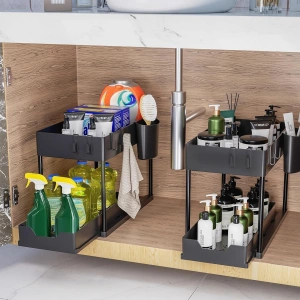 Organizator multifunctional pentru chiuveta cu recipient de depozitare glisant, utilizabil in bucatarie sau baie dimensiuni, 40 x 23 x 32 cm, culoare Neagra - Img 5