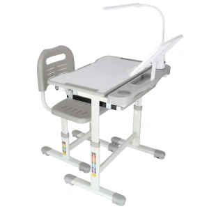 Set birou reglabil pentru copii cu scaun ergonomic, lampa LED USB, blat inclinabil, suport carti si organizator, 70 x 51 cm, culoare gri/alb, pentru scolari si prescolari - Img 4