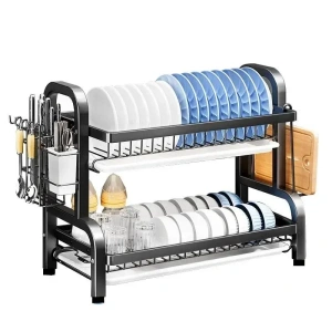 Suport uscator de vase metalic cu 2 nivele si tavi de scurgere, dimensiuni 43 x 30 x 23 cm, culoare Neagra - Img 5