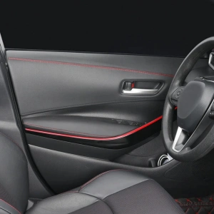 Banda decorativa pentru interiorul vehiculului, lungime 2m, din piele ecologica, culoare Neagra + cusatura Rosie - Img 5