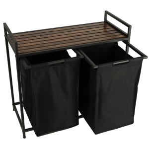 Cos mare de rufe cu doua compartimente, cu raft si blat din lemn, model LOFT, culoare neagra - Img 4