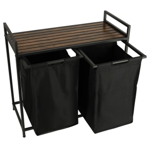 Cos mare de rufe cu doua compartimente, cu raft si blat din lemn, model LOFT, culoare neagra - Img 4