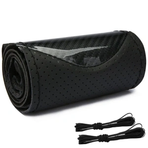 Husa volan din Piele Neagra Perforata + Carbon Black si ata neagra pentru cusut, marime M, diametru 37 - 39 cm - Img 3