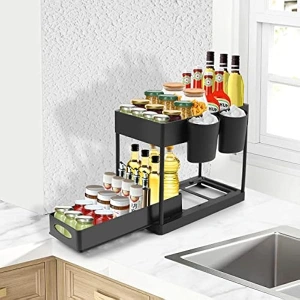 Organizator multifunctional pentru chiuveta cu recipient de depozitare glisant, utilizabil in bucatarie sau baie dimensiuni, 40 x 23 x 32 cm, culoare Neagra - Img 2
