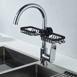 Raft organizator dublu, universal pentru bucatarie sau baie, montaj pe robinet, material otel, culoare Neagra - Img 4