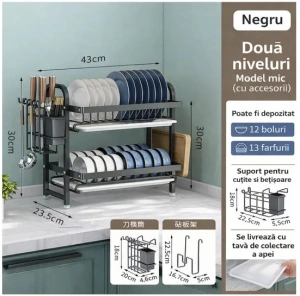 Suport uscator de vase metalic cu 2 nivele si tavi de scurgere, dimensiuni 43 x 30 x 23 cm, culoare Neagra - Img 2