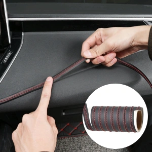 Banda decorativa pentru interiorul vehiculului, lungime 2m, din piele ecologica, culoare Neagra + cusatura Rosie - Img 2
