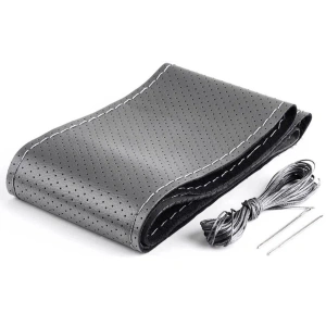 Husa volan din PIELE GRI + ATA GRI, diametru 37 - 39 cm (se coase, aspect ORIGINAL) - Img 2