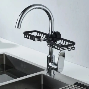 Raft organizator dublu, universal pentru bucatarie sau baie, montaj pe robinet, material otel, culoare Neagra - Img 4