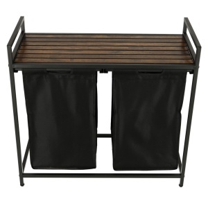 Cos mare de rufe cu doua compartimente, cu raft si blat din lemn, model LOFT, culoare neagra - Img 6
