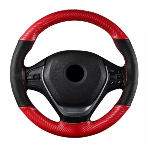 Husa volan din Piele Neagra Perforata + Carbon Red si ata rosie pentru cusut, marime M, diametru 37 - 39 cm