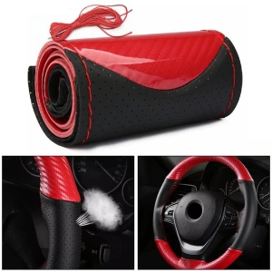 Husa volan din Piele Neagra Perforata + Carbon Red si ata rosie pentru cusut, marime M, diametru 37 - 39 cm - Img 4