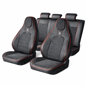 Set huse scaune auto Premium, model BLAZE Torque, design Sportiv, universale, ergonomice, Piele Ecologica cu insertii textile, culoare Negru/Rosu
