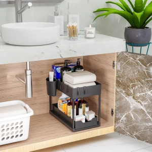 Organizator multifunctional pentru chiuveta cu recipient de depozitare glisant, utilizabil in bucatarie sau baie dimensiuni, 40 x 23 x 32 cm, culoare Neagra - Img 3