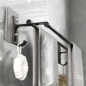 Suport din aluminiu pentru 2 prosoape + 2 cuiere, lungime 60 cm, culoare Neagra - Img 3