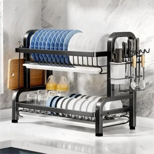 Suport uscator de vase metalic cu 2 nivele si tavi de scurgere, dimensiuni 43 x 30 x 23 cm, culoare Neagra - Img 3
