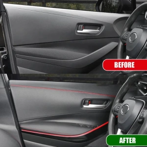 Banda decorativa pentru interiorul vehiculului, lungime 2m, din piele ecologica, culoare Neagra + cusatura Rosie - Img 3