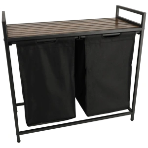 Cos mare de rufe cu doua compartimente, cu raft si blat din lemn, model LOFT, culoare neagra - Img 2