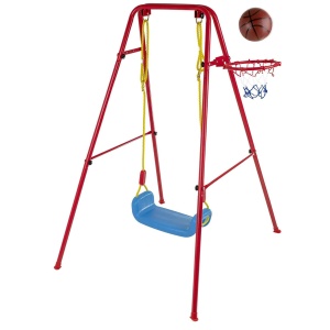 Set de gradina 3in1 pentru copii, Leagan + Cos de Baschet + Minge, cadru metalic, culoare Rosu - Img 1