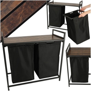 Cos mare de rufe cu doua compartimente, cu raft si blat din lemn, model LOFT, culoare neagra - Img 1