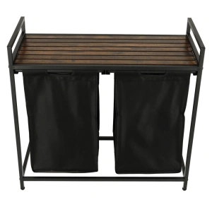 Cos mare de rufe cu doua compartimente, cu raft si blat din lemn, model LOFT, culoare neagra - Img 6
