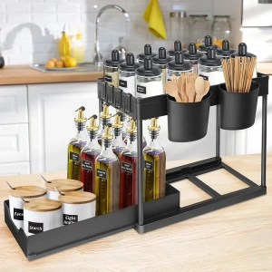 Organizator multifunctional pentru chiuveta cu recipient de depozitare glisant, utilizabil in bucatarie sau baie dimensiuni, 40 x 23 x 32 cm, culoare Neagra - Img 4