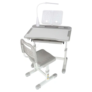 Set birou reglabil pentru copii cu scaun ergonomic, lampa LED USB, blat inclinabil, suport carti si organizator, 70 x 51 cm, culoare gri/alb, pentru scolari si prescolari - Img 3