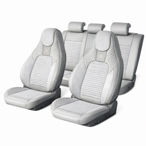 Set huse scaune auto Premium, model BLAZE Luxor, design Sportiv, universale, ergonomice, Piele Ecologica cu insertii textile, culoare Crem/Gri