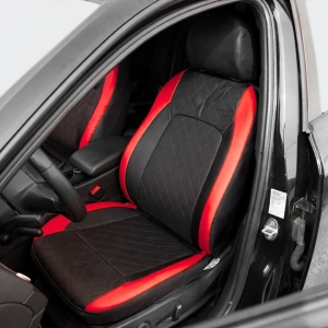 Set huse scaune auto Premium, model DIAMOND Racer, design Sportiv, universale, ergonomice, Piele Ecologica Matlasata, culoare Negru/Rosu - Img 4