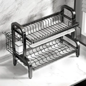 Suport uscator de vase metalic cu 2 nivele si tavi de scurgere, dimensiuni 43 x 30 x 23 cm, culoare Neagra - Img 4