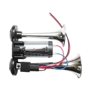 Claxon bitonal cu 2 goarne, Super Puternic, 178db, alimentare 12V, CU COMPRESOR electric inclus, culoare Crom/Negru - Img 3