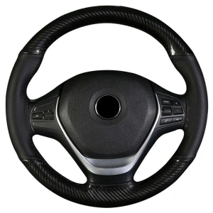 Husa volan din Piele Neagra Perforata + Carbon Black si ata neagra pentru cusut, marime M, diametru 37 - 39 cm - Img 2