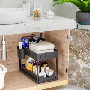 Organizator multifunctional pentru chiuveta cu recipient de depozitare glisant, utilizabil in bucatarie sau baie dimensiuni, 40 x 23 x 32 cm, culoare Neagra