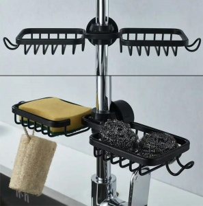Raft organizator dublu, universal pentru bucatarie sau baie, montaj pe robinet, material otel, culoare Neagra - Img 3